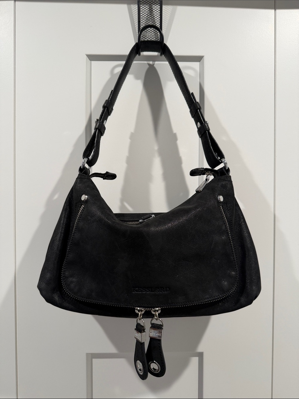 Kesslord Black Nubuck Leather Shoulder Bag with Silver Accents